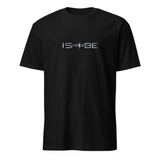 Black t-shirt with chrome IS-BE logo across the chest