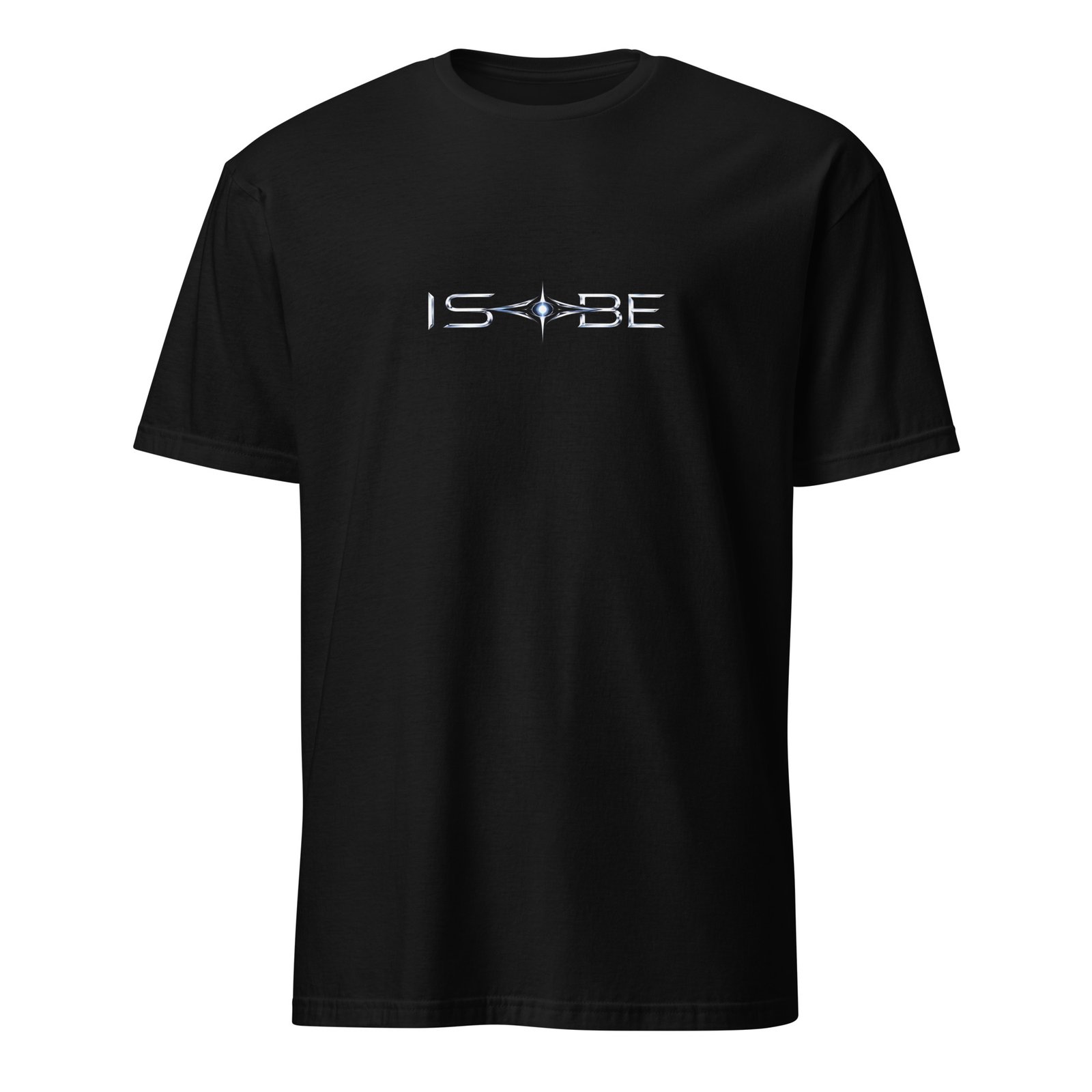 Black t-shirt with chrome IS-BE logo across the chest